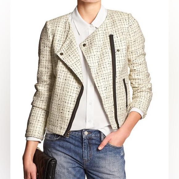 Banana Republic BOUCLÉ MOTO IVORY JACKET - Size 2 NWT - Picture 1 of 5